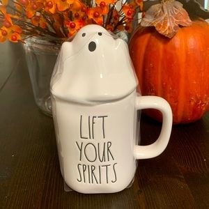 Rae Dunn Halloween Ghost Mug w/Lid “Lift Your Spirits”